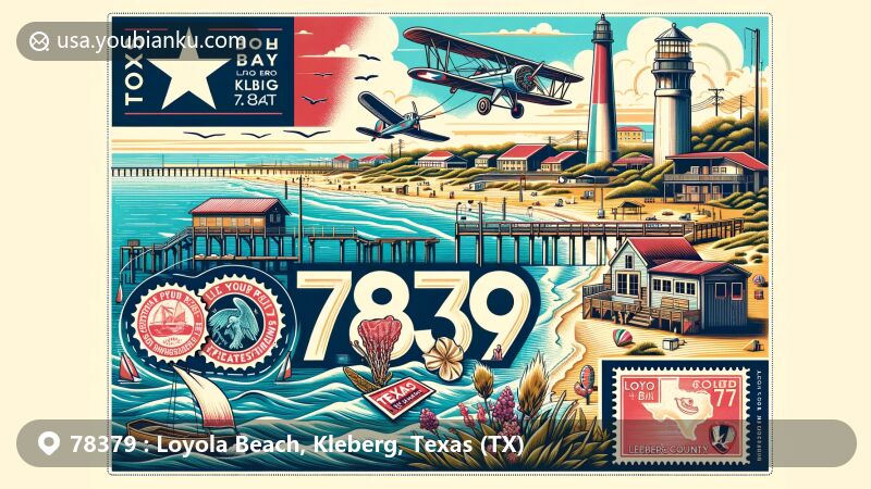 Modern illustration of Loyola Beach, Kleberg, Texas, featuring Texas state flag, Kleberg County outline, and coastal landscape, with vintage air mail envelope displaying ZIP code 78379 and postal motifs.