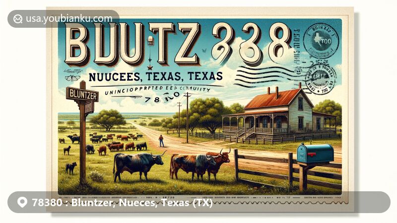 Modern illustration of Bluntzer, Nueces County, Texas, featuring rural Texas culture and postal themes, showcasing classic ranch house, grazing livestock, vintage postcard backdrop, and postal elements.