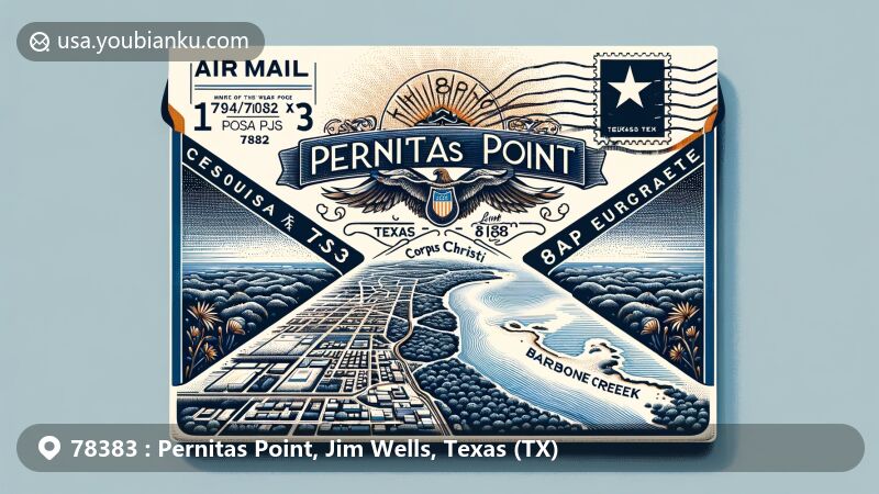 Modern illustration of Pernitas Point, Jim Wells County, Texas, showcasing airmail envelope with ZIP code 78383, featuring Lake Corpus Christi, Barbone Creek, and Texas state flag.