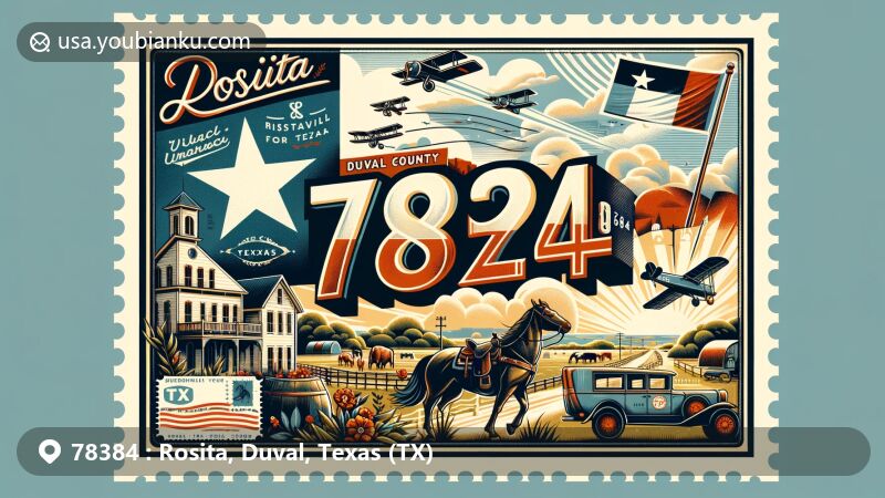Modern illustration of Rosita, Duval County, Texas, capturing the essence of the region with a postal theme, Texas flag, and local landmarks, featuring ZIP code 78384.