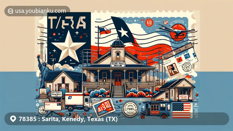 Modern illustration of Kenedy Ranch Museum in Sarita, Texas, featuring Texas and postal elements with ZIP Code 78385, airmail envelope, stamps, and postmark.