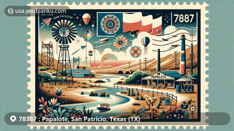 Modern illustration of Papalote, Texas, in ZIP code 78387, featuring regional and postal elements, including Papalote Creek and Karankawa Indian motifs.