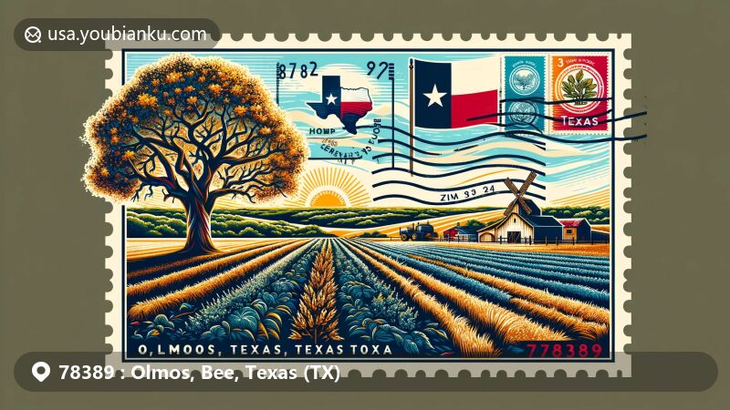 Modern illustration of Olmos, Bee County, Texas, inspired by Czech heritage and agricultural scenes, featuring elm trees, Texas state flag, and ZIP code 78389.
