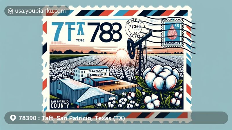 Modern illustration of Taft, Texas showcasing ZIP code 78390, with a design reminiscent of an airmail envelope featuring cotton fields, an oil derrick, and the Blackland Museum, along with a postage stamp and postmark.