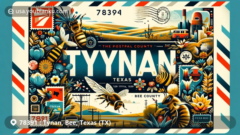 Modern illustration of Tynan, Texas, Bee County, highlighting postal theme with ZIP code 78391, featuring vintage postcard design and cultural landmarks.
