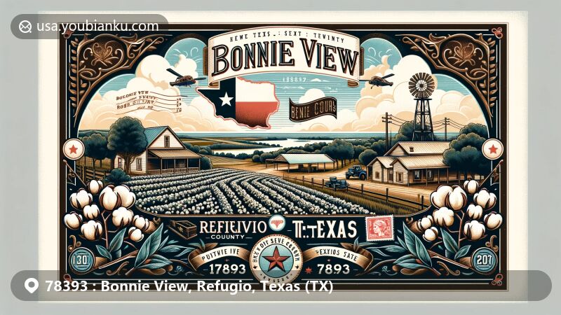Modern illustration of Bonnie View, Texas, Refugio County, showcasing agricultural heritage and farming connection, featuring Texas state flag elements and historical landmarks, with decorative border depicting cotton motifs and postal theme with ZIP code 78393.