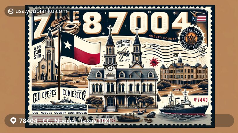 Modern illustration of Corpus Christi, Nueces County, Texas, for ZIP code 78404, showcasing iconic landmarks like the Old Nueces County Courthouse, Old Bayview Cemetery, St. Anthony's Catholic Church, USS Lexington, and the Texas state flag.