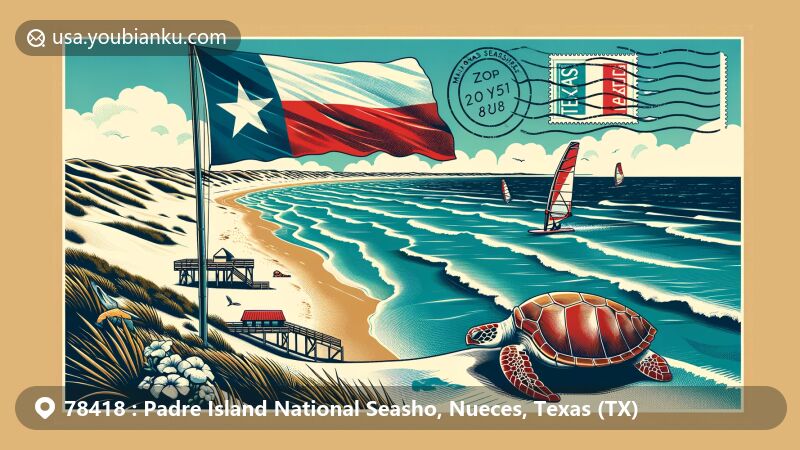 Modern illustration of Padre Island National Seashore in Nueces County, Texas, featuring pristine beaches, Laguna Madre, windsurfing, Texas flag, Kemp's Ridley sea turtle, and postal elements with ZIP code 78418.