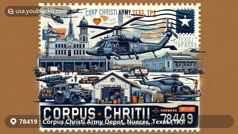 Illustration of ZIP code 78419, Corpus Christi Army Depot in Nueces County, Texas, showcasing aviation readiness with helicopters and components being repaired, featuring cultural elements like the Centennial House and Corpus Christi Cathedral, and postal elements like vintage air mail envelope, postage stamp, Texas state flag, and postal mark.