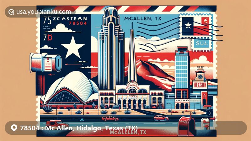 Modern illustration of McAllen, Hidalgo County, Texas, with ZIP code 78504, featuring Quinta Mazatlan and Chase Texas Tower as city symbols, Texas state flag, and postal theme with creative postcard, stamps, postmark, and mailbox.