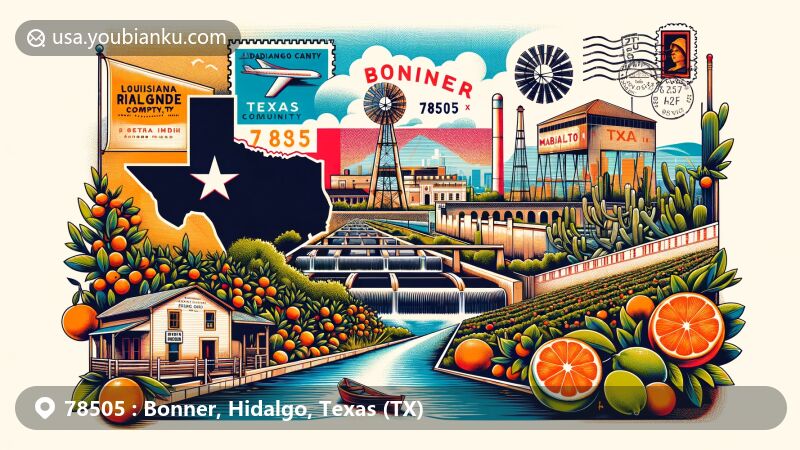 Modern illustration of Bonner, Hidalgo, Texas (TX) showcasing Louisiana-Rio Grande Canal Company Irrigation System, Quinta Mazatlan, adobe homes, and citrus industry symbols, with vintage postal elements and the Texas state flag.