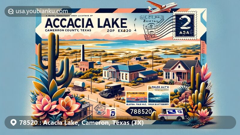 Modern illustration of Acacia Lake, Cameron County, Texas, featuring postal theme with ZIP code 78520, showcasing Historic Brownsville Museum, Stillman House Museum, Palo Alto Battlefield, Sabal Palm Sanctuary, Sea Turtle Inc., and South Padre Island Birding Center.
