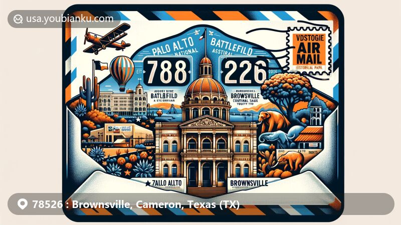 Modern illustration of Brownsville, Cameron County, Texas, showcasing postal theme with ZIP code 78526, featuring Palo Alto Battlefield National Historical Park, Historic Brownsville Museum, Gladys Porter Zoo, Brownsville Historic Battlefield Trail, and Cameron County Courthouse.