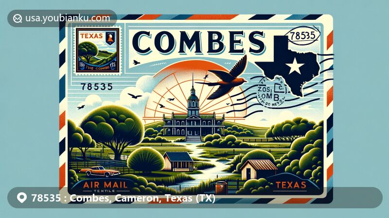 Modern illustration of Combes, Texas, showcasing postal theme with ZIP code 78535, featuring local parks, Harlingen Thicket World Birding Center, and iconic Texas elements.