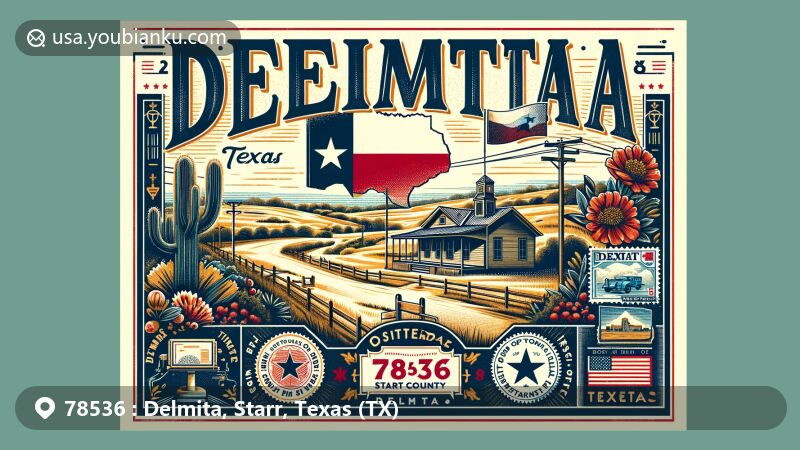Modern illustration of Delmita, Texas, blending rural charm and postal heritage, with Texas state symbols, vintage postcard theme, and ZIP code 78536, depicting Delmita's historical significance.