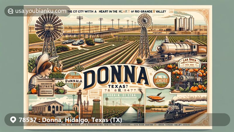Modern illustration of Donna, Texas (ZIP code 78537), showcasing city's history, development, and community symbols, blending agricultural roots with modern landmarks and highlights.