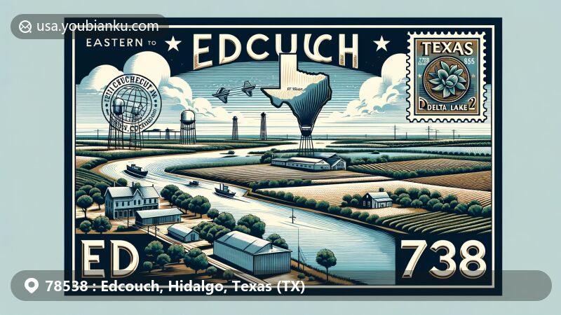 Modern illustration of Edcouch, Hidalgo County, Texas, showcasing postal theme wit ZIP code 78538, featuring agricultural surroundings and Delta Lake Reservoir.