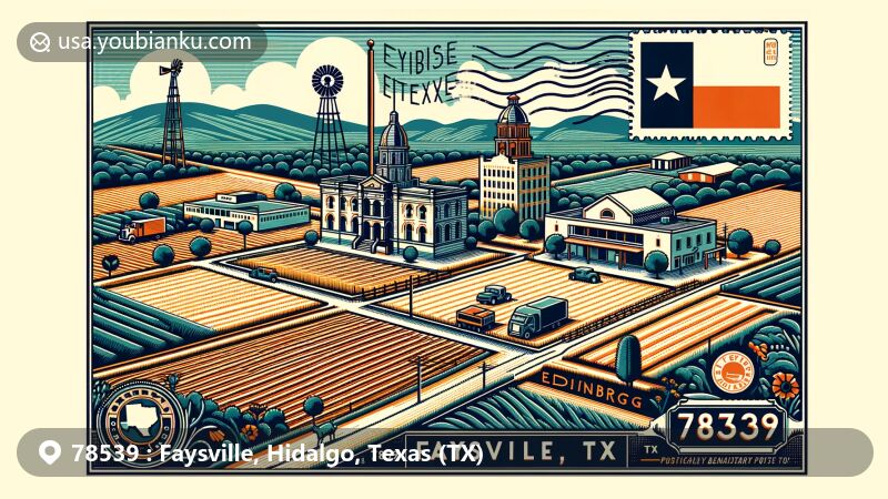 Modern illustration of Faysville, Hidalgo County, Texas, representing ZIP code 78539 with southern Texas scenery, including farmlands and expansive skies, incorporating iconic Edinburg landmarks, postcard style design with Texas elements.