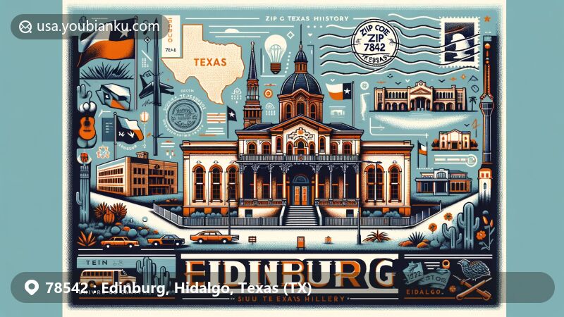Modern illustration of Edinburg, Hidalgo County, Texas, highlighting history and cultural diversity, featuring Museum of South Texas History and University of Texas Rio Grande Valley.