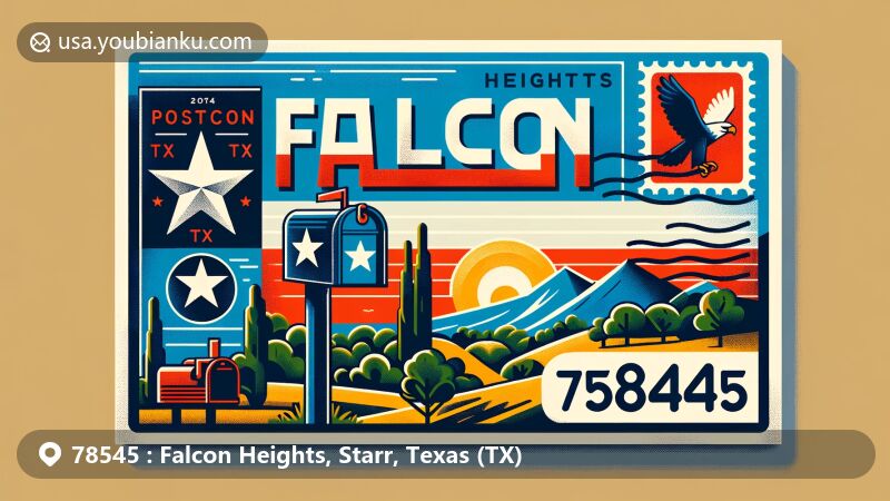 Modern illustration of Falcon Heights, Texas, showcasing postal theme with ZIP code 78545, featuring Falcon State Park and stylized Texas state flag.