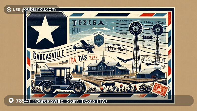 Modern illustration of Garciasville, Texas, with ZIP Code 78547, highlighting agricultural and ranching heritage against Texas state flag backdrop.