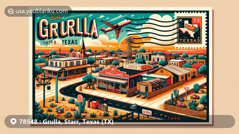 Modern illustration of La Grulla, Starr County, Texas, representing ZIP code 78548, featuring Hispanic culture and postal elements, with a vintage post stamp, air mail envelope border, and a mailbox, symbolizing a vibrant community.