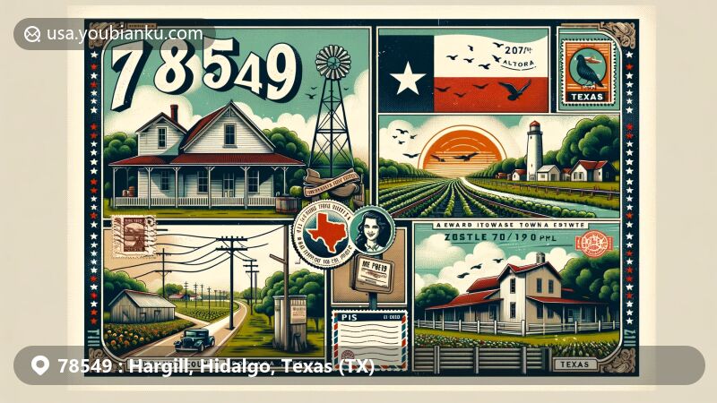 Modern illustration of Hargill, Hidalgo County, Texas, showcasing postal theme with ZIP code 78549, featuring farm roads, post office, and historical railway, integrating Texas flag and vintage postal elements.