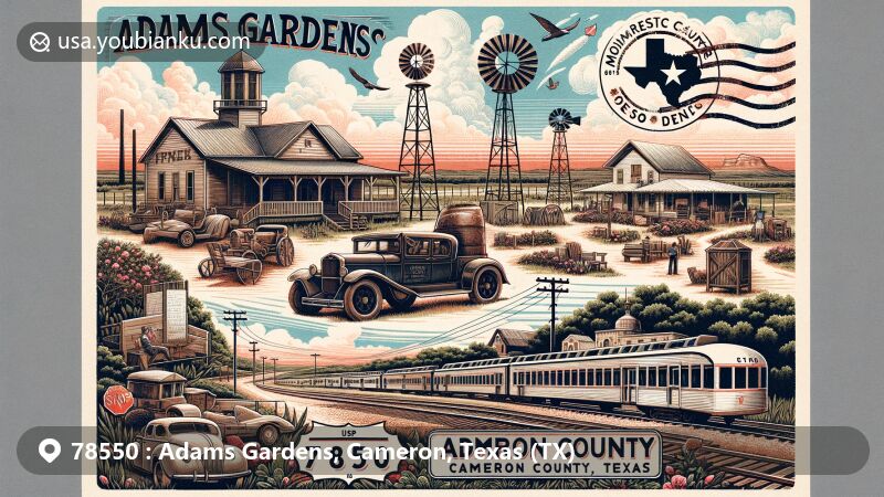 Modern illustration of Adams Gardens, Cameron County, Texas, featuring key landmarks like Old Cameron County Jail and incorporating elements such as Missouri Pacific Railroad and U.S. Highway 83, with vintage postal elements and lush Rio Grande Valley geography.