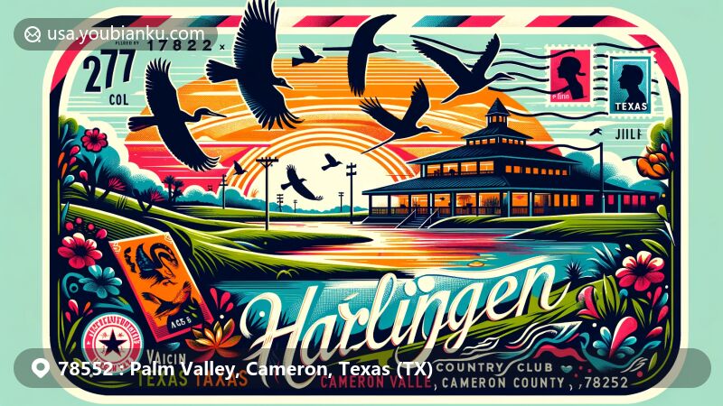 Modern illustration of Harlingen Country Club, Palm Valley, Texas, with elements of rare birds and recreational trails, featuring creative postal theme with Texas state flag, Cameron County outline, and ZIP code 78552.