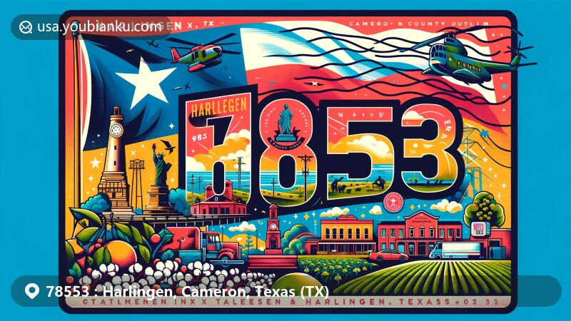 Modern illustration of Harlingen, Texas, featuring ZIP code 78553 and Iwo Jima Memorial & Museum, with nods to local history and agriculture through cotton fields and citrus groves, set against Texas state flag and Cameron County outline in vintage postcard theme.