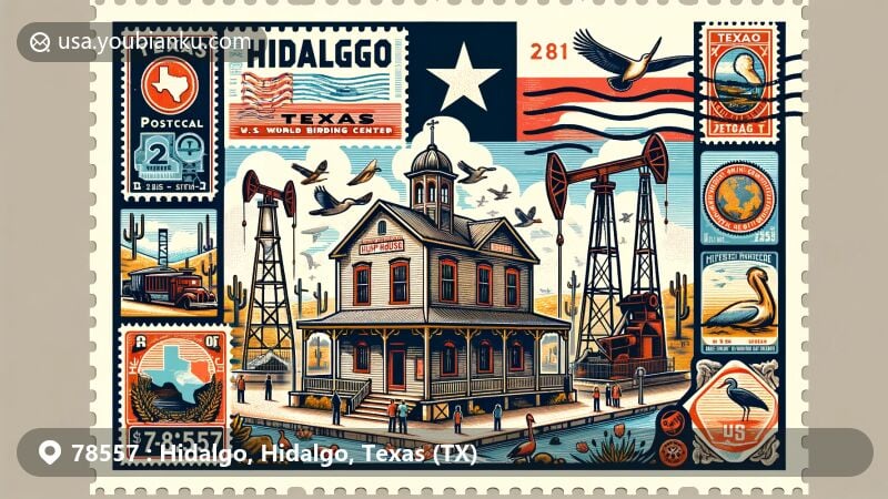 Modern illustration of Hidalgo, Texas, highlighting Old Hidalgo Pump House Museum, World Birding Center, and U.S. Route 281, with postal theme featuring Texan symbols, stamps, postmarks, and ZIP code 78557.
