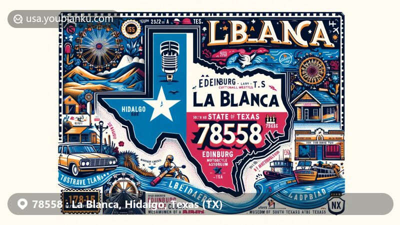 Vibrant illustration of La Blanca, Texas, with ZIP code 78558, showcasing local landmarks and culture.
