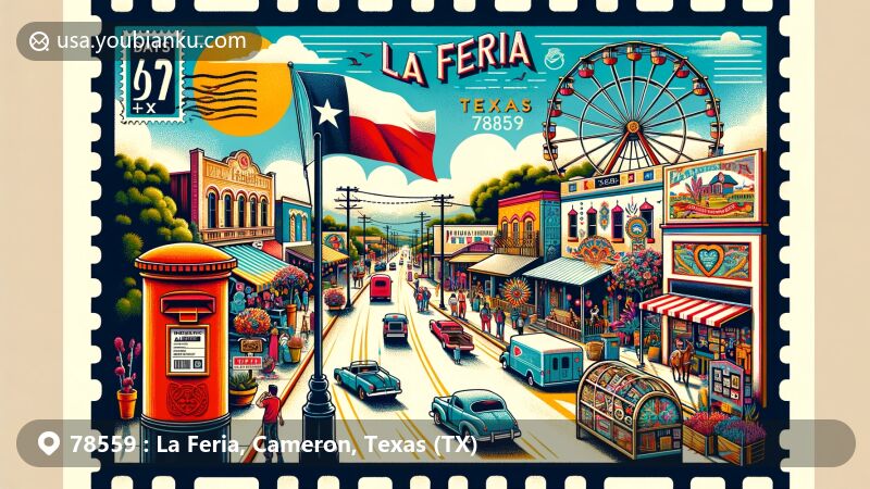 Vibrant illustration of La Feria, Texas, highlighting community spirit and cultural richness, with festive events, live music, and art venues, set in a postcard frame with 'La Feria, TX 78559' stamp and red mailbox.