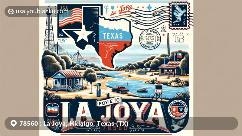Modern illustration of La Joya, Texas, showcasing La Joya Municipal Park and La Joya Lake, featuring iconic Texas elements and postal theme with ZIP code 78560.