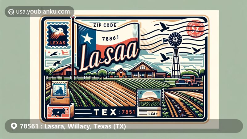 Modern illustration of Lasara, Willacy County, Texas, showcasing postal theme with ZIP code 78561, incorporating Texas state flag and agricultural landscapes.