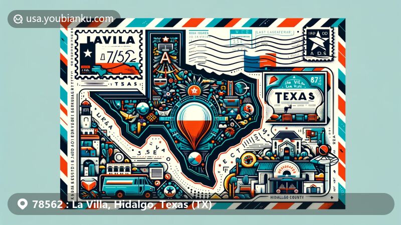 Modern illustration showcasing La Villa, Hidalgo County, Texas, known for its strong community and cultural heritage, featuring airmail envelope with map, Texas state symbols, and local landmarks for ZIP code 78562.