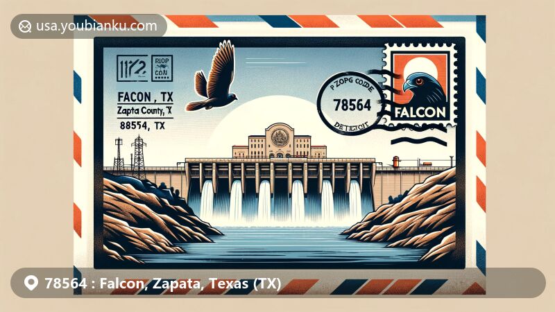 Modern illustration of Falcon, Zapata County, Texas, depicting Falcon Reservoir and Falcon Dam within an airmail envelope design, prominently featuring ZIP Code 78564 and stamp of Falcon Dam.
