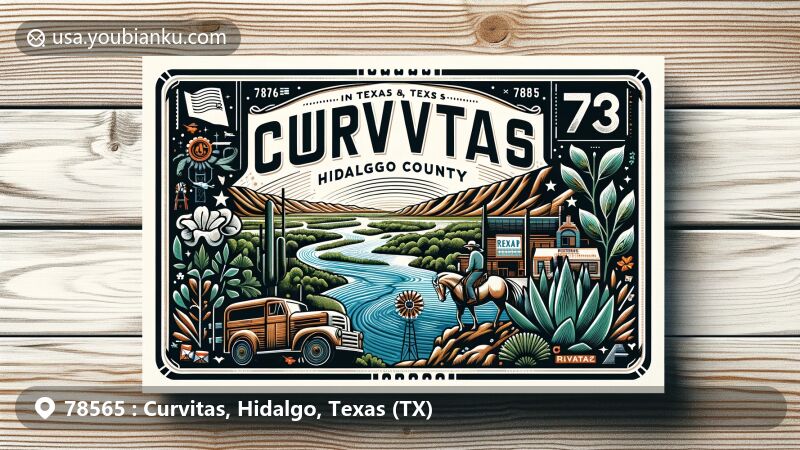 Modern illustration of 78565 ZIP code in Curvitas, Hidalgo County, Texas, featuring air mail envelope with postal stamp of Rio Grande and cultural symbols like cowboys, rodeo culture, chapote, guayacán, ebony, huisache, brasil, and yucca.