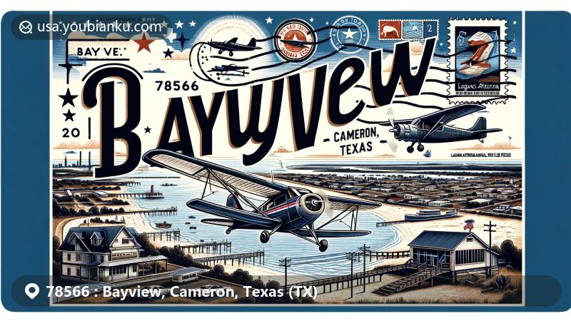 Modern illustration of Bayview, Cameron County, Texas, showcasing postal theme with ZIP code 78566, featuring aviation envelope, vintage stamps, and rural waterfront view.