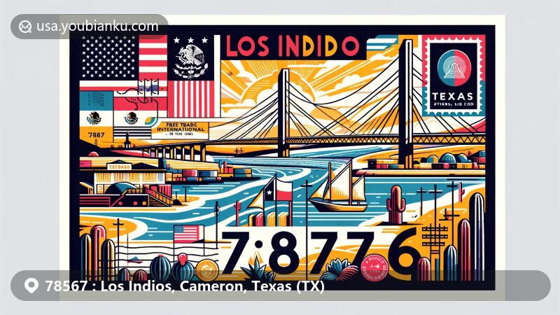 Modern illustration of Los Indios, Texas, featuring the Free Trade International Bridge and cultural symbols, designed for ZIP code 78567.