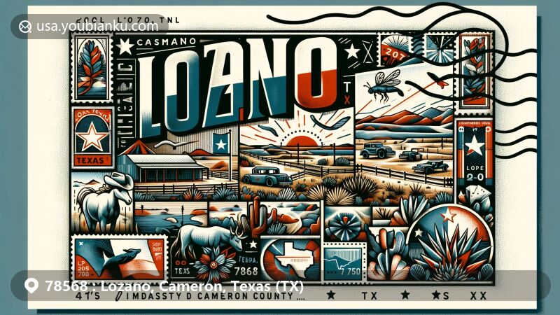 Modern illustration of Lozano, Texas, in the 78568 ZIP code area, designed as a postcard with iconic Texas symbols and postal elements, showcasing the town's charm and heritage.
