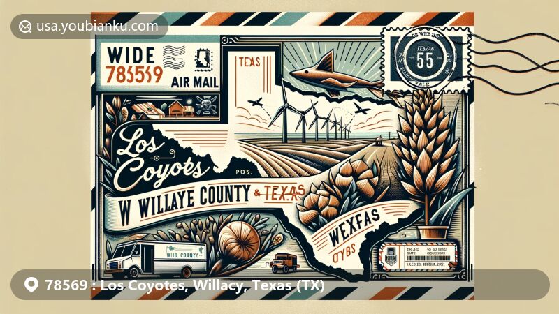 Modern illustration of Los Coyotes, Willacy County, Texas, resembling an airmail envelope with detailed map outline, wind turbines, Bermuda onions, sorghum crops, postal stamp, and ZI code 78569.