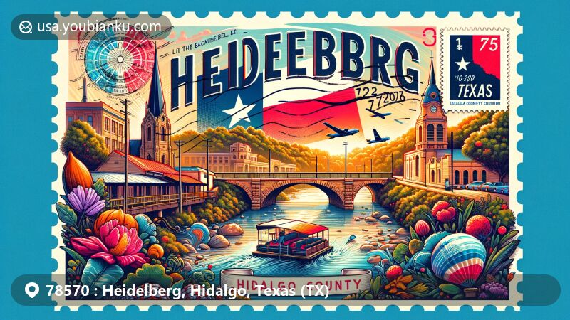 Creative illustration of Heidelberg area in Hidalgo County, Texas, with postal theme and ZIP code 78570, featuring Heidelberg Park, Louisiana-Rio Grande Canal Company Irrigation System, and Texas state flag.