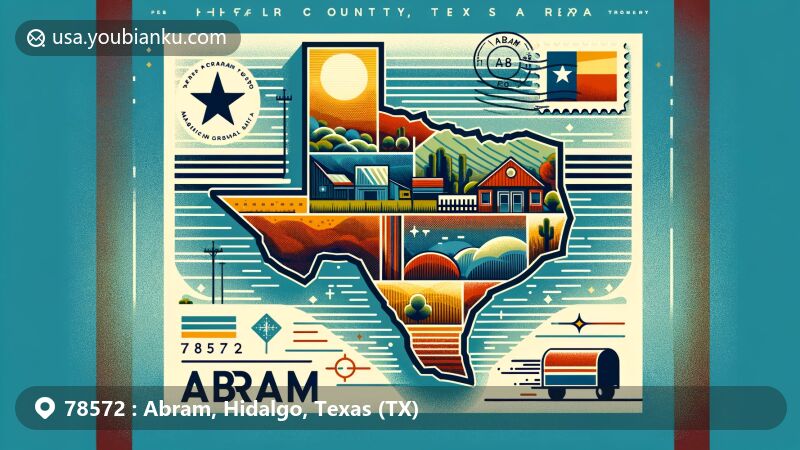 Modern illustration of Abram, Hidalgo County, Texas, showcasing postal theme with ZIP code 78572, featuring blend of local geographical elements and vibrant contemporary design.