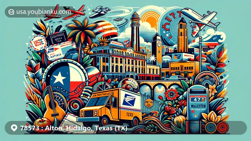 Modern illustration of Alton, Texas, capturing the vibrant scene and cultural fusion with postal elements like palm trees, airmail envelope, stamps, postal code '78573,' mailbox, and mail truck.