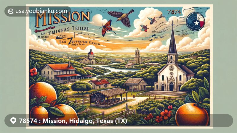 Modern illustration of Mission, Texas, showcasing La Lomita Chapel, The Bryan House, National Butterfly Center, and World Birding Center, along with Ruby Red Grapefruits, and Texas state symbols.