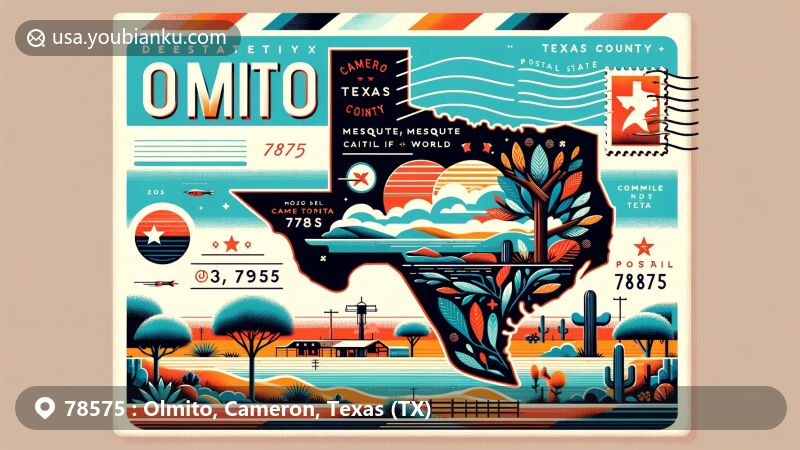 Modern illustration of Olmito, Texas, ZIP code 78575, featuring a large postcard design with mesquite trees, Cameron County's outline, Texas shape, and state flag symbols. Includes postal elements like stamps and ZIP code, with background hinting at Olmito Lake and Resaca del Rancho Viejo.