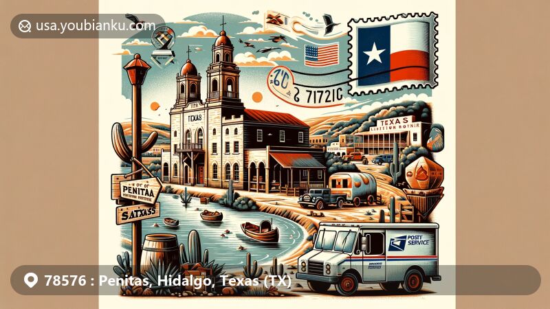 Modern illustration of Penitas, Texas, showcasing historical and cultural heritage intertwined with postal service, featuring the Rio Grande, Spanish missions, salt trade elements, historical marker, vintage post office, mail delivery truck, postal stamp with ZIP Code '78576' and Texas flag.