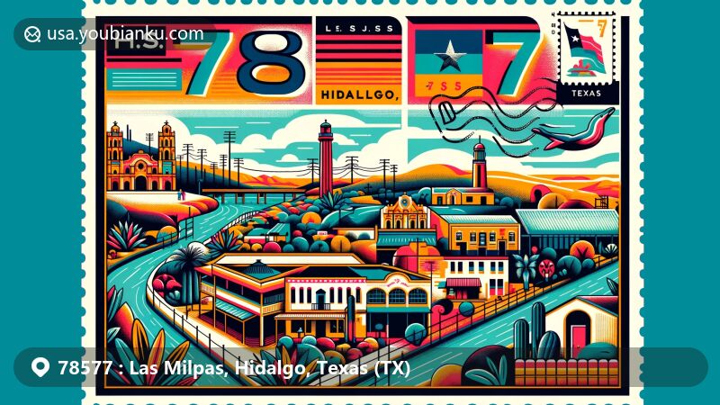 Modern illustration of Las Milpas, Hidalgo, Texas, highlighting ZIP code 78577, Rio Grande, palm trees, and Texas state flag stamp on vibrant postcard design.