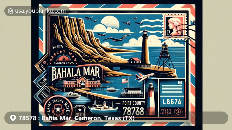 Modern illustration of Bahia Mar, Cameron County, Texas (TX), featuring Bahia Grande lake in the background, Port Isabel's coastal charm, and historic lighthouse overlay on a vintage air mail envelope with ZIP code 78578.